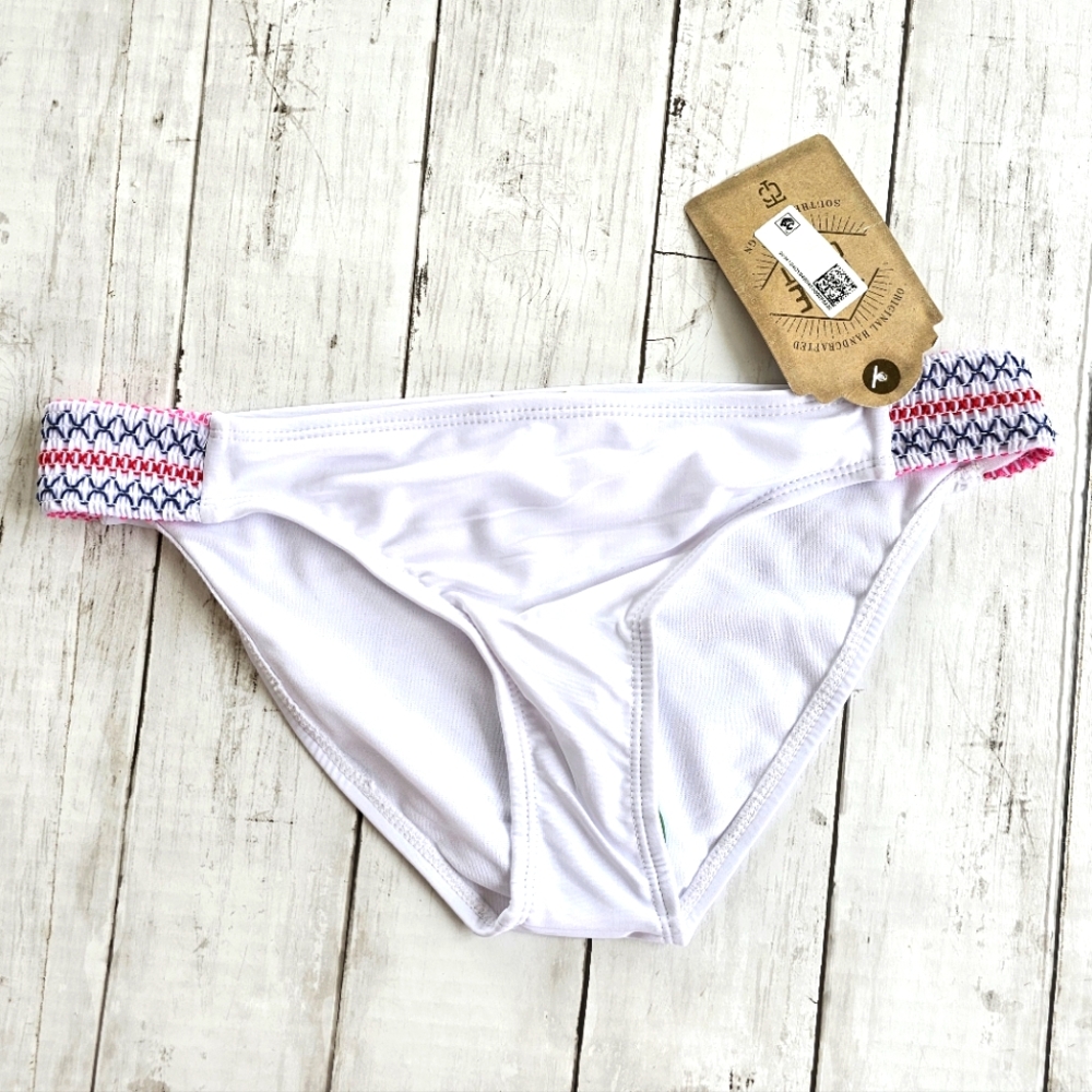 NEW True Craft White Colorful Ruched Sides Bikini Swim Bottoms Summer Soft